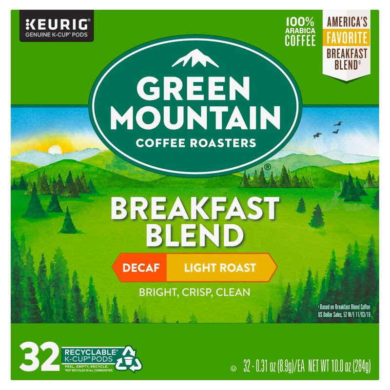 Green Mountain Coffee Roasters Breakfast Blend Decaf Coffee K-Cup Pods, 0.31 oz, 32 count