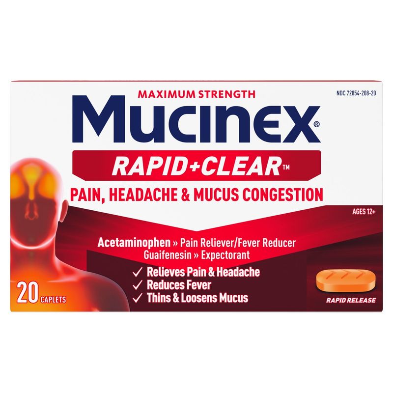 Mucinex Rapid+Clear Pain, Headache &amp; Mucus Congestion Caplets, Ages 12+, 20 count