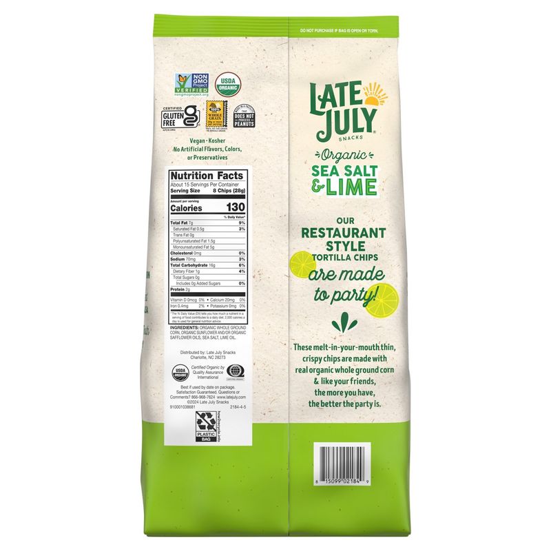 Late July Snacks Organic Sea Salt &amp; Lime Tortilla Chips Party Size, 14.75 oz