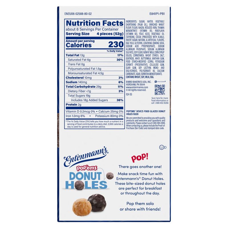 Entenmann's Pop'ems Devil's Food Glazed Donut Holes, 15 oz