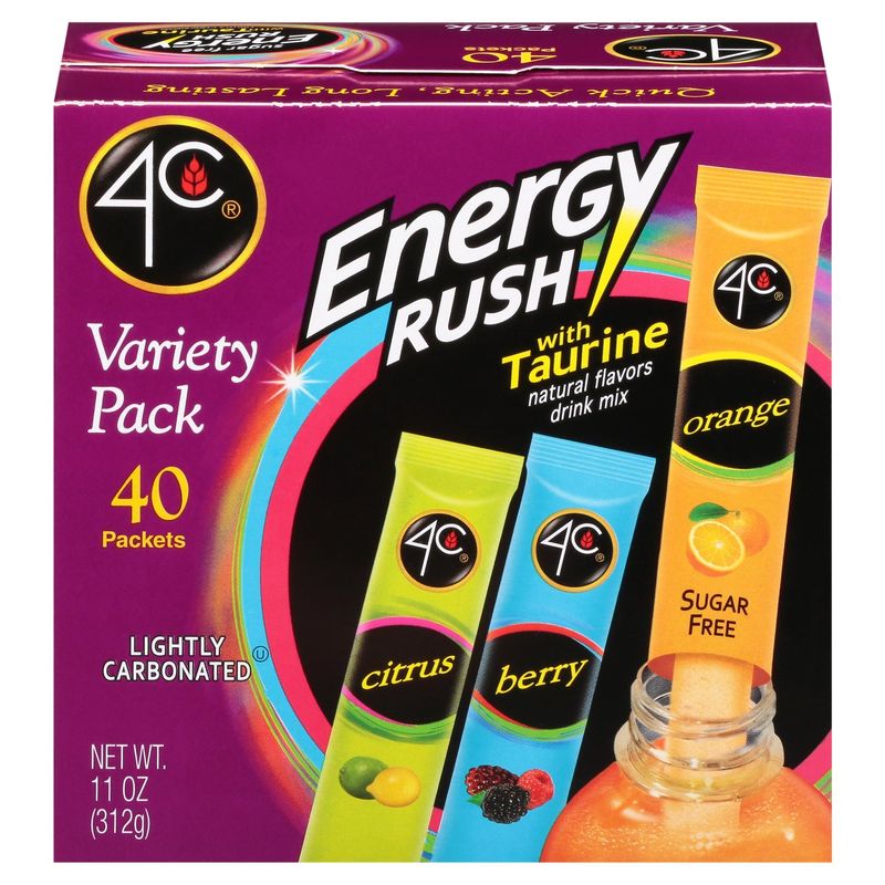 4C Sugar Free Citrus Berry Orange Energy Rush with Taurine Drink Mix Variety Pack, 40 count, 11 oz