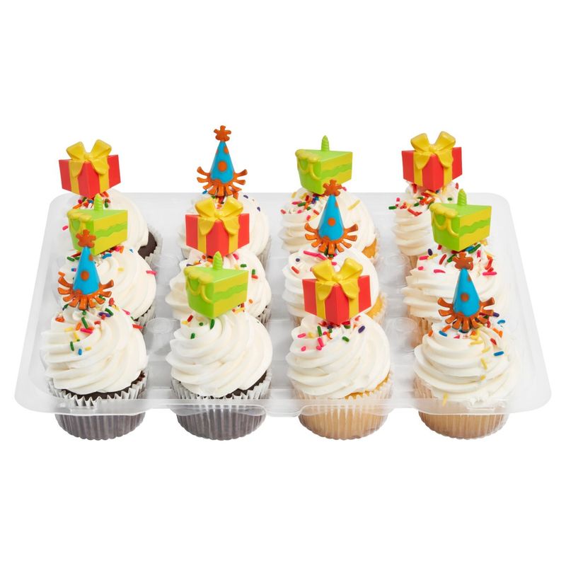 12 Pack Yellow &amp; Chocolate Cupcakes With Vanilla Icing &amp; Picks