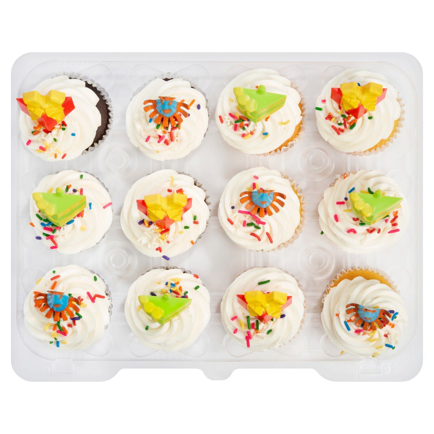 12 Pack Yellow &amp; Chocolate Cupcakes With Vanilla Icing &amp; Picks