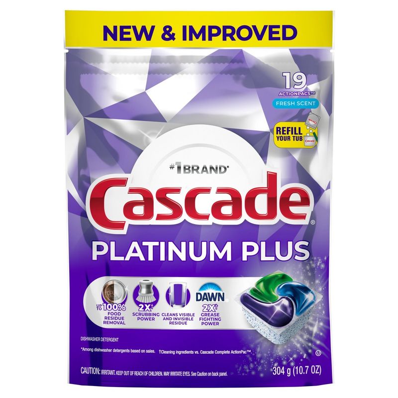 Cascade Platinum Plus Dishwasher Pods, Dishwasher Detergent, Dish Detergent Soap, Fresh, 19 Count