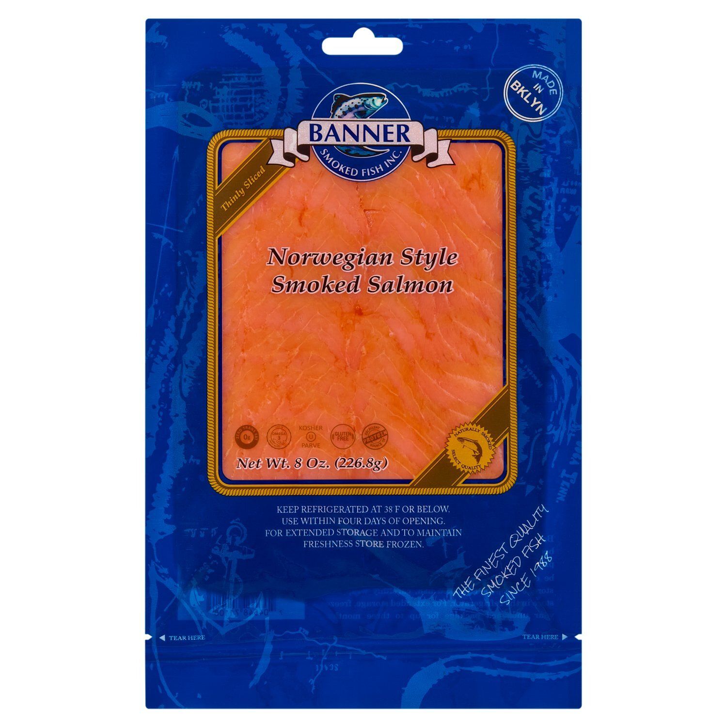 Banner Smoked Fish Inc. Thinly Sliced Norwegian Style Smoked Salmon, 8 oz