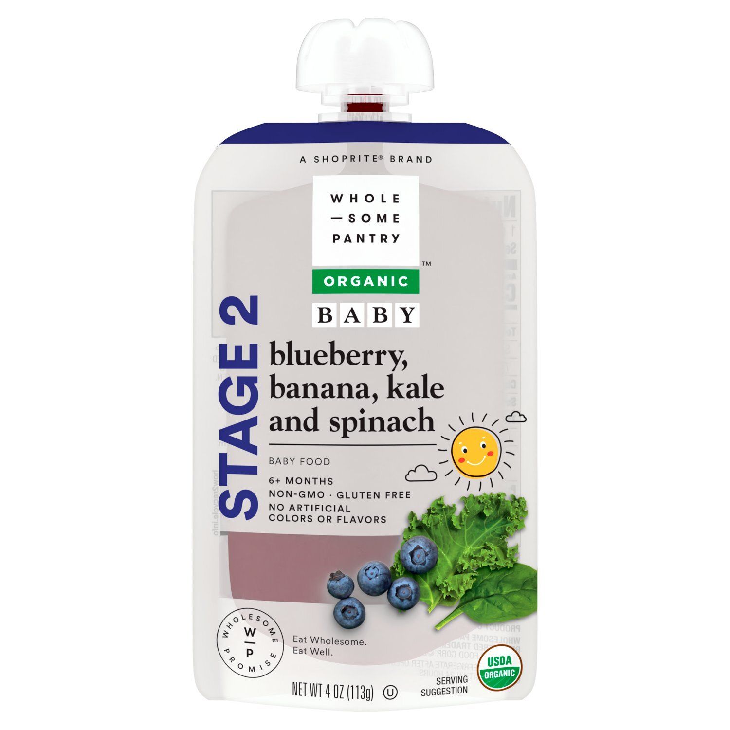 Wholesome Pantry Organic Blueberry, Banana, Kale and Spinach Baby Food, Stage 2, 6+ Months, 4 oz