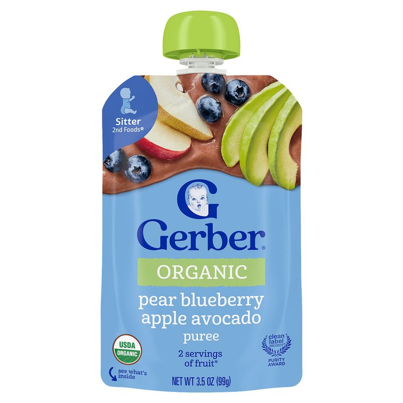 Gerber 2nd Foods Organic Pear Blueberry Apple Avocado Puree Baby Food, Sitter, 3.5 oz