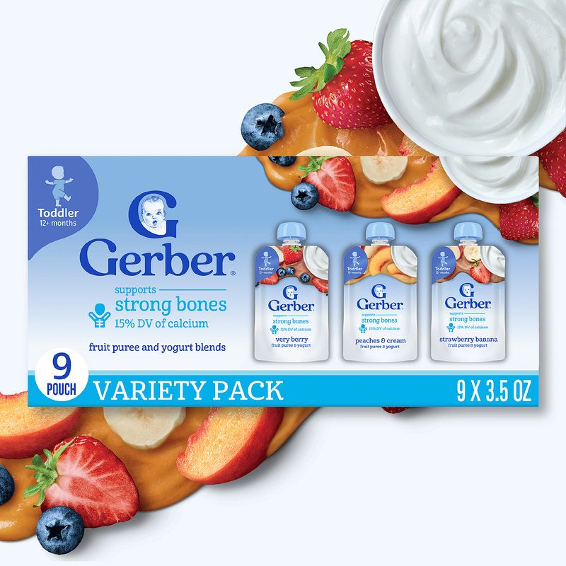 Gerber Fruit Puree Baby Food Variety Pack, Toddler 12+ months, 3.5 oz, 9 count