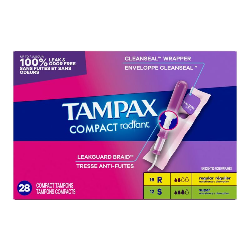 Tampax Compact Radiant Tampons Multipack, with LeakGuard Braid &amp; Extendable Applicator, Regular/Sup