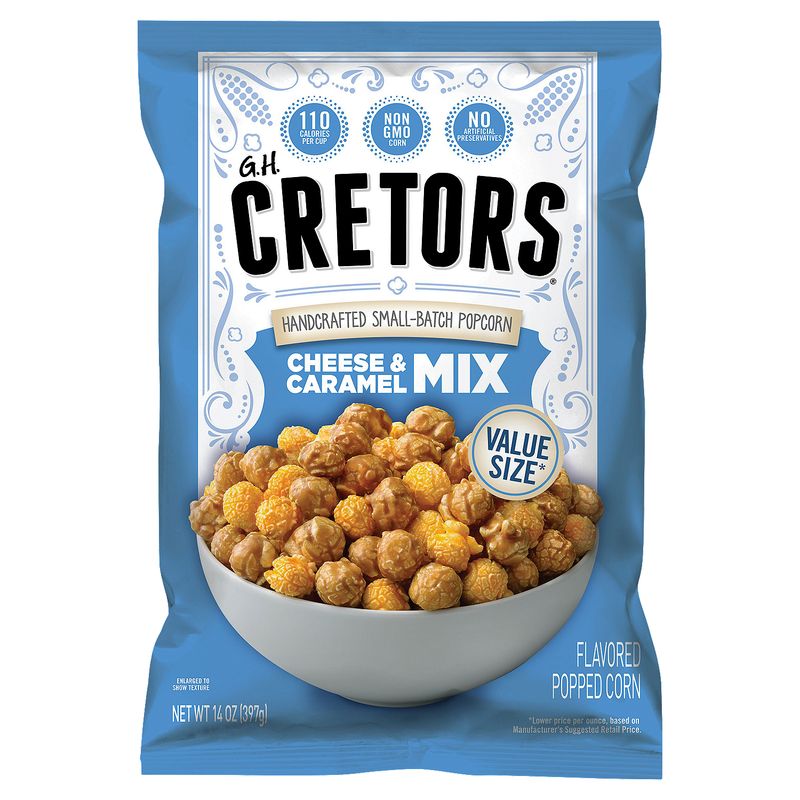 G.H. Cretors Cheese &amp; Caramel Mix Flavored Popped Corn, 14 oz