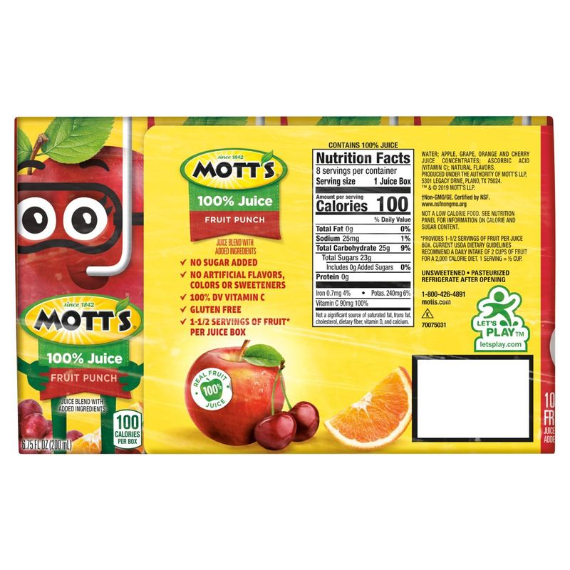 Mott's Fruit Punch 100% Juice, 6.75 fl oz, 8 count