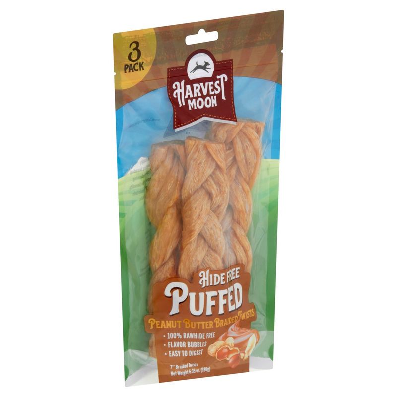 Harvest Moon 7" Hide Free Puffed Peanut Butter Braided Twists Dog Chews, 3 count, 6.35 oz