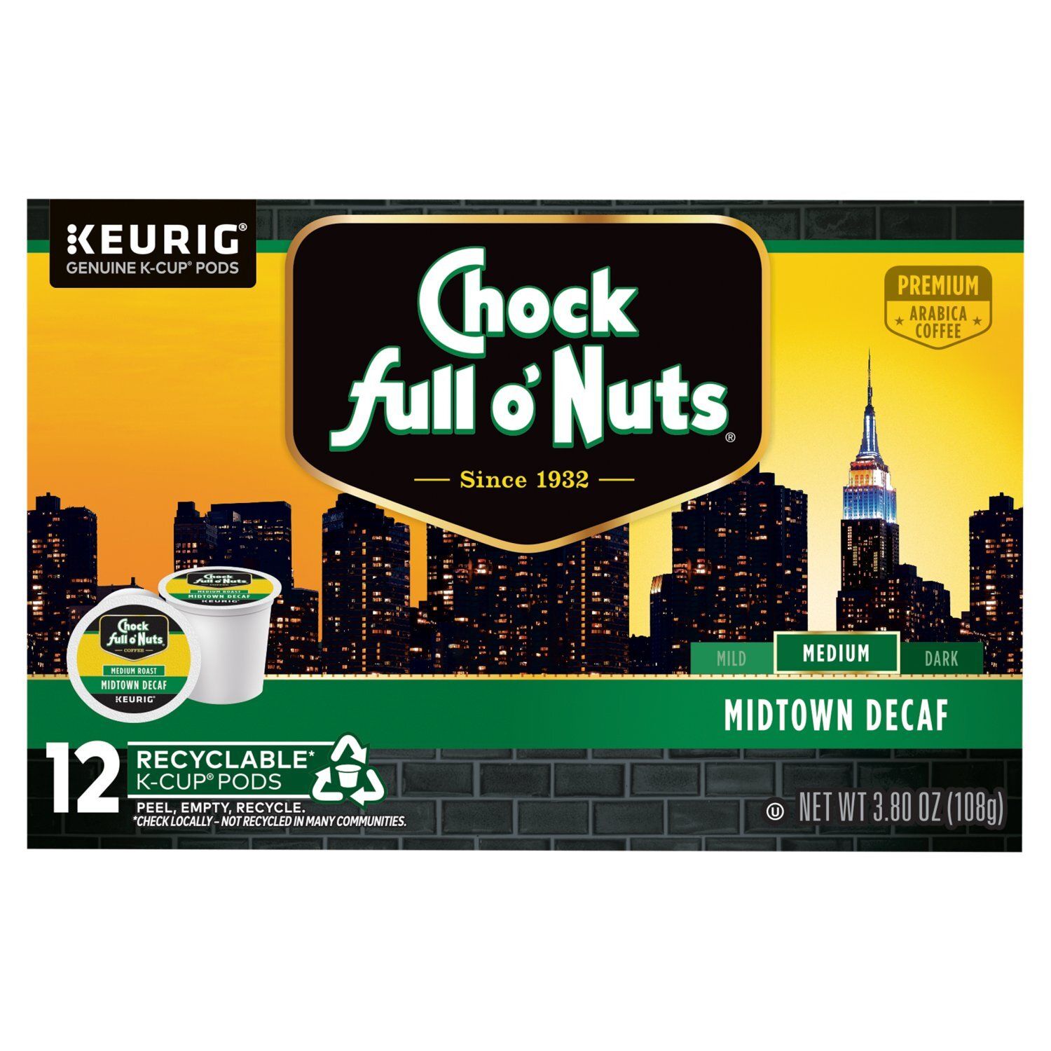 Chock Full o'Nuts Midtown Decaf Medium Roast Arabica Coffee K-Cup Pods 12 count, 3.80 oz