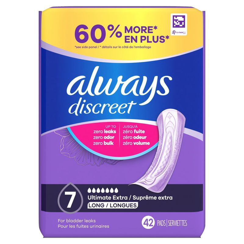 Always Discreet Adult Incontinence Pads for Women, Ultimate Extra Absorbency, Long Length, Postpart