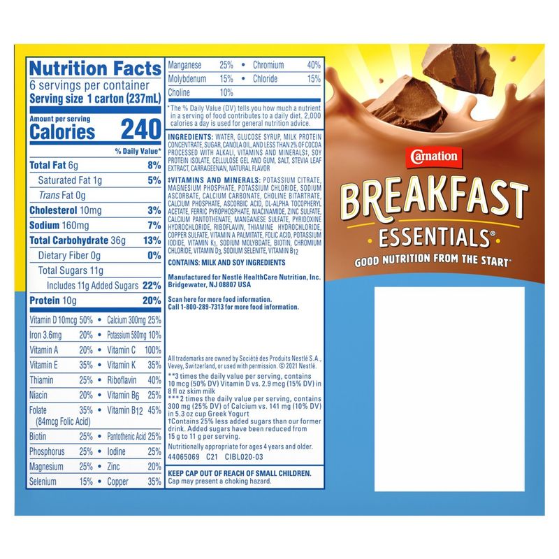 Carnation Breakfast Essentials Rich Milk Chocolate Nutritional Drink, 8 fl oz, 6 count