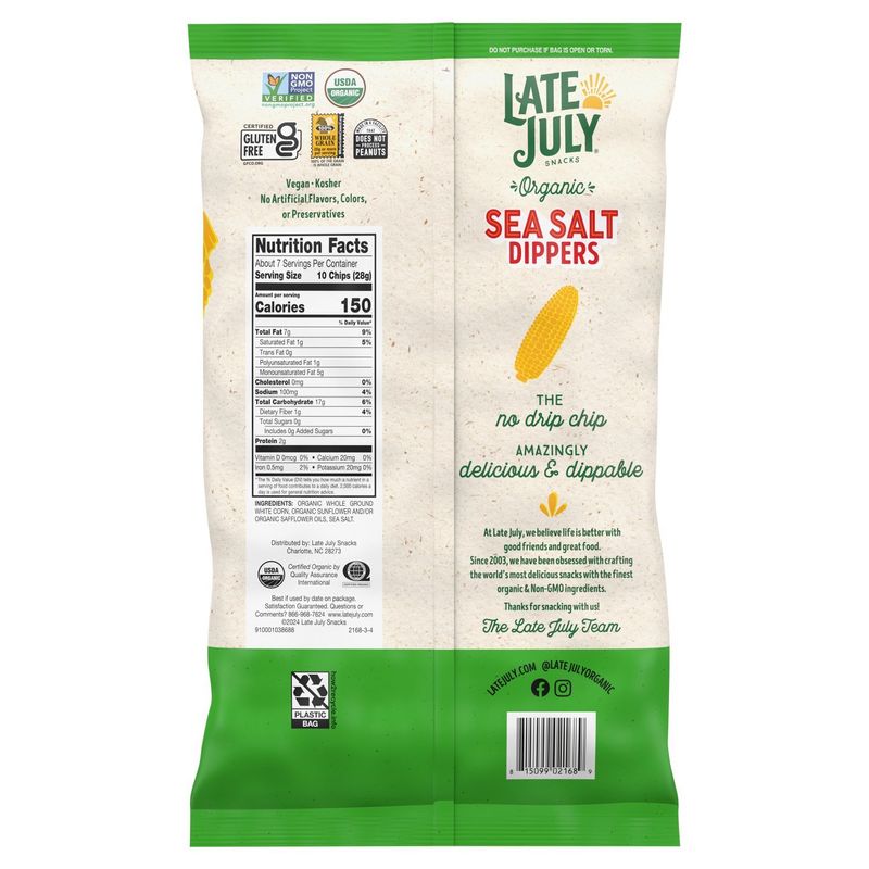 Late July Snacks Organic Sea Salt Dippers Tortilla Chips, 7.4 oz