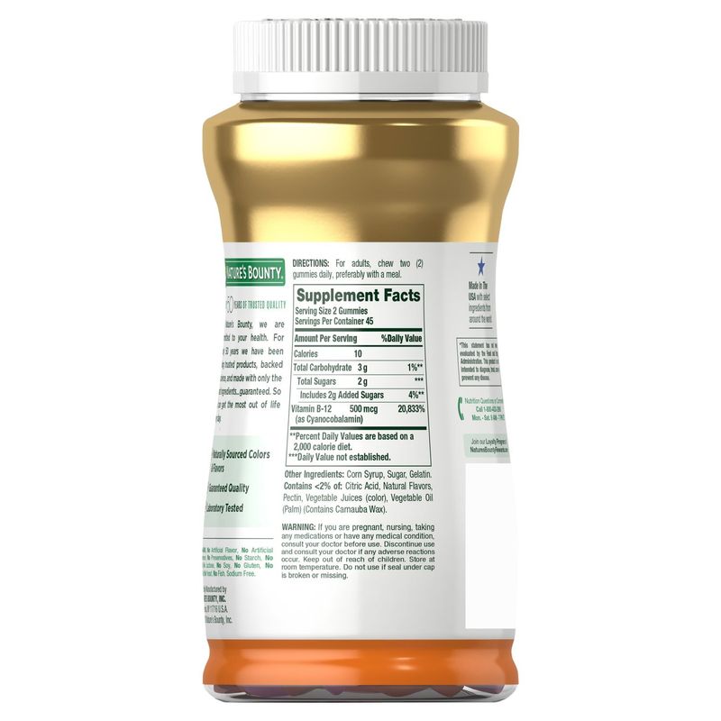 Nature's Bounty B-12 Raspberry, Mixed Berry &amp; Orange Flavored Gummies Dietary Supplement, 90 count