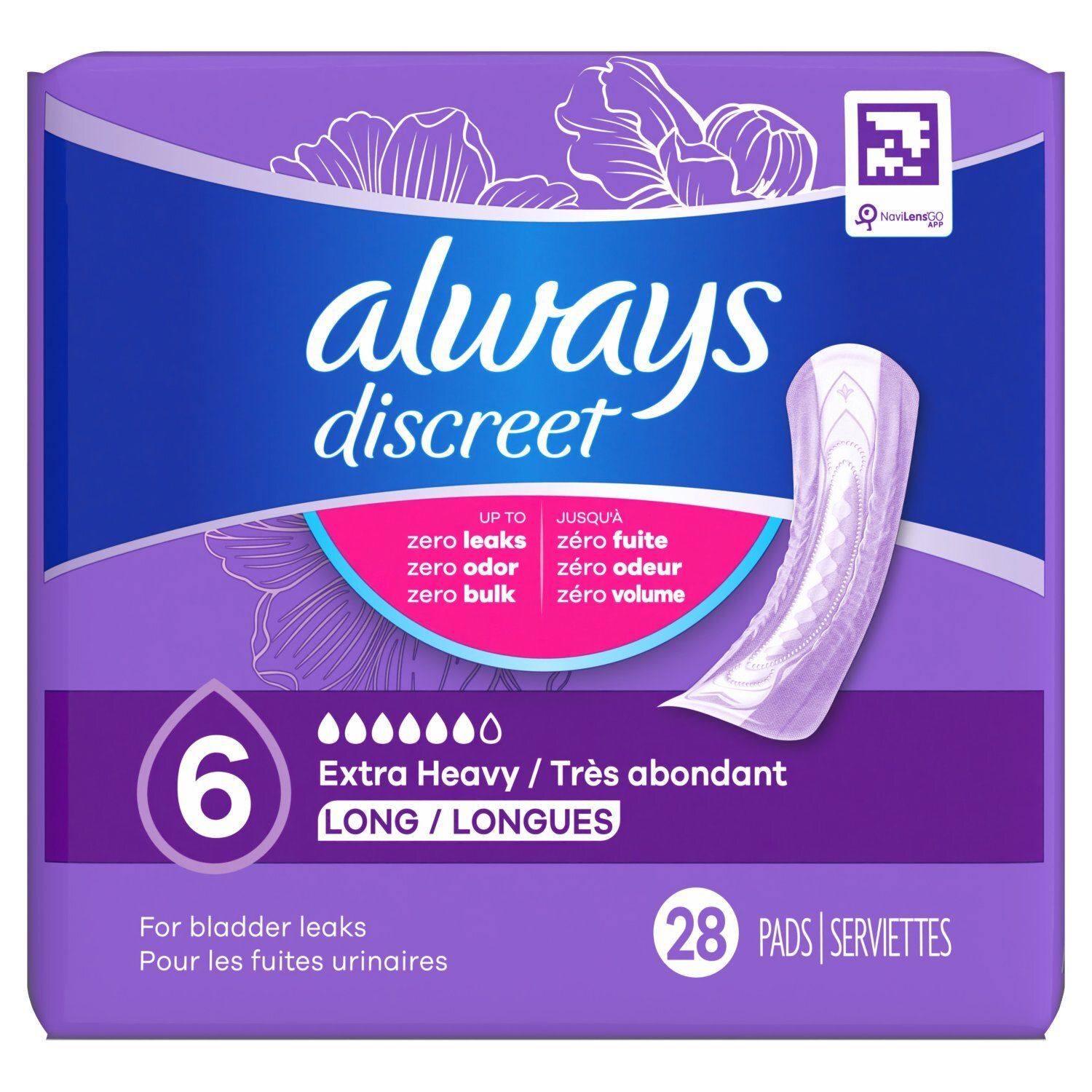 Always Discreet Adult Incontinence Pads for Women, Extra Heavy Absorbency, Long Length, Postpartum
