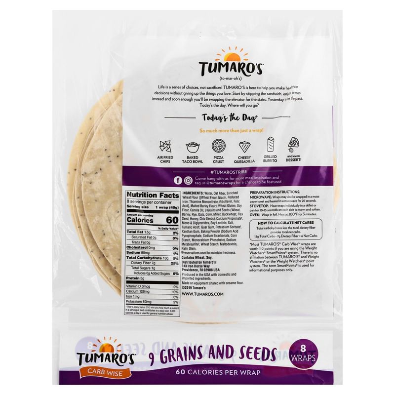 Tumaro's Carb Wise 9 Grains and Seeds Wraps, 8 count, 11.2 oz