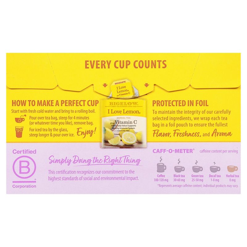 Bigelow I Love Lemon Plus Vitamin C Herbal Tea Bags, 20 count, 1.28 oz