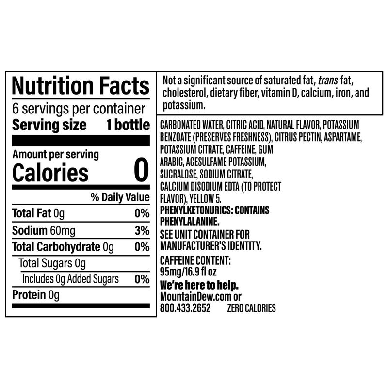 Mountain Dew Zero Sugar Soda Citrus 16.9 Fl Oz X 6 Count
