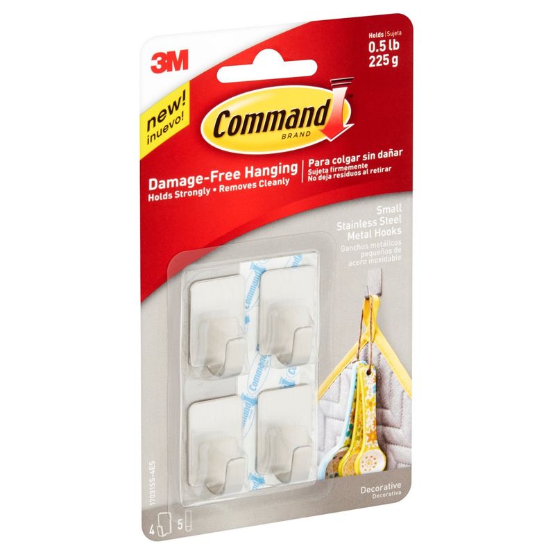 3M Command Brand Decorative Small Stainless Steel Metal Hooks, 4 count