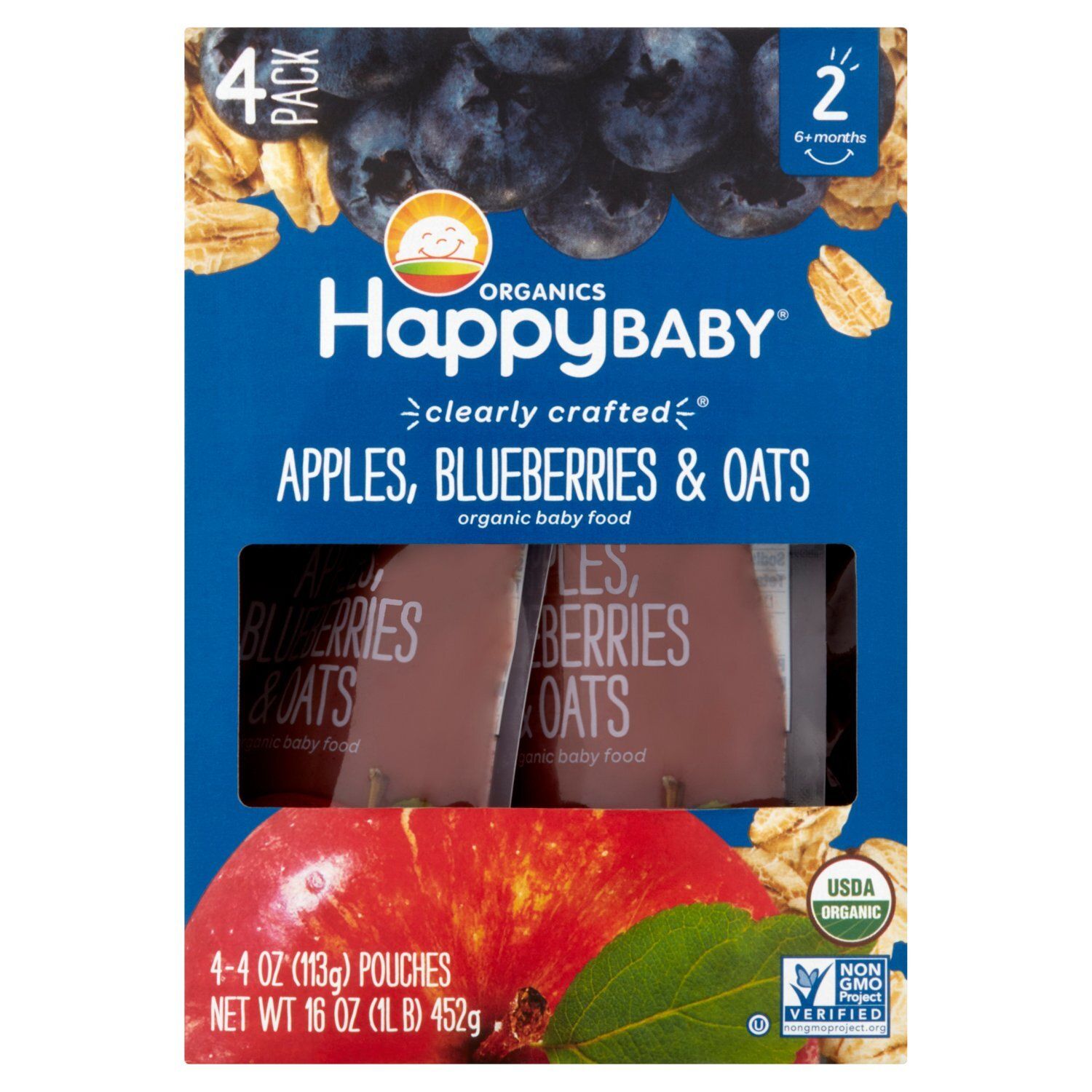 Happy Baby Organics Apples, Blueberries &amp; Oats Organic Baby Food, Stage 2, 6+Months, 4 oz, 4 count