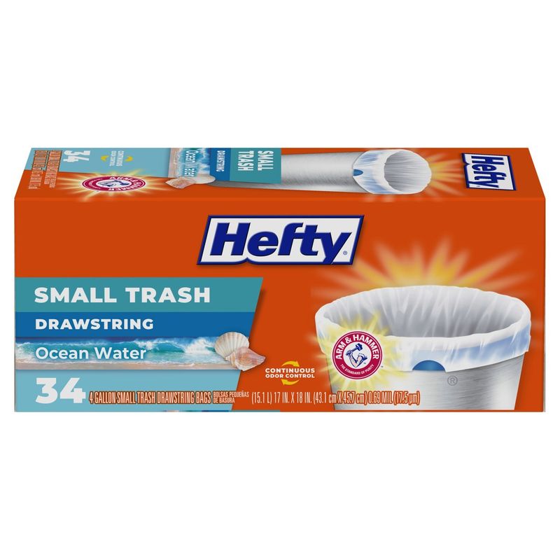 Arm &amp; Hammer Hefty 4 Gallon Ocean Water Small Trash Drawstring Bags, 34 count