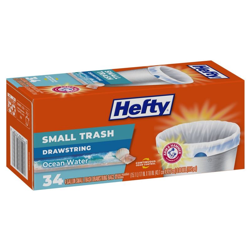 Arm &amp; Hammer Hefty 4 Gallon Ocean Water Small Trash Drawstring Bags, 34 count