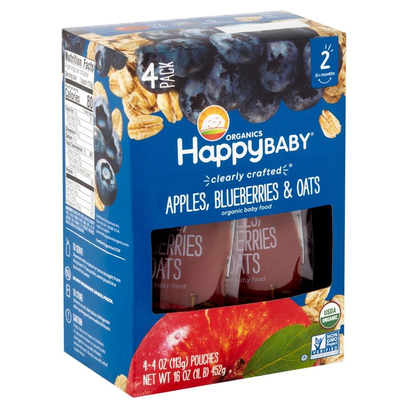 Happy Baby Organics Apples, Blueberries &amp; Oats Organic Baby Food, Stage 2, 6+Months, 4 oz, 4 count