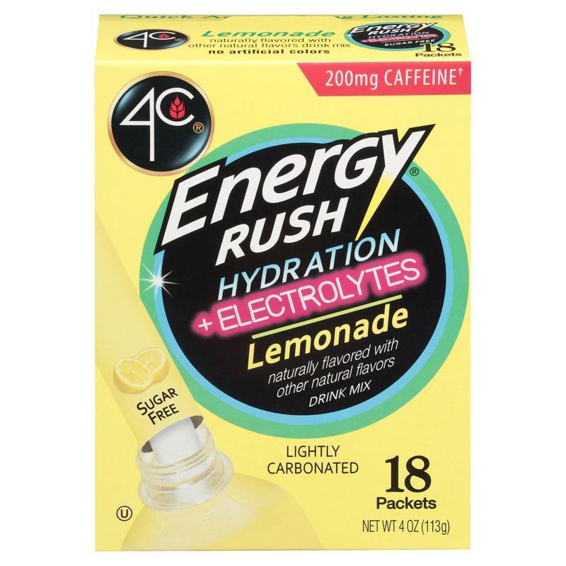4C Energy Rush Hydration + Electrolytes Lemonade Drink Mix, 18 count, 4 oz