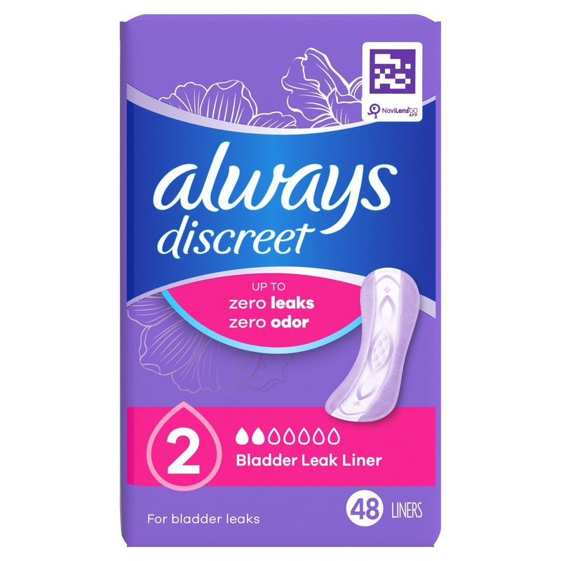 Always Discreet Incontinence Panty Liners for Bladder Leaks, Size 2, Very Light Absorbency, 48 CT