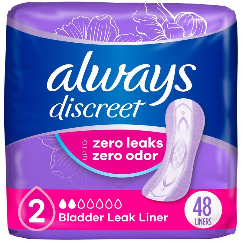 Always Discreet Incontinence Panty Liners for Bladder Leaks, Size 2, Very Light Absorbency, 48 CT