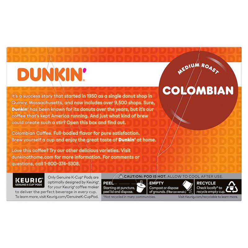 Dunkin' Donuts 100% Colombian Medium Roast Coffee K-Cup Pods, 0.37 oz, 10 count
