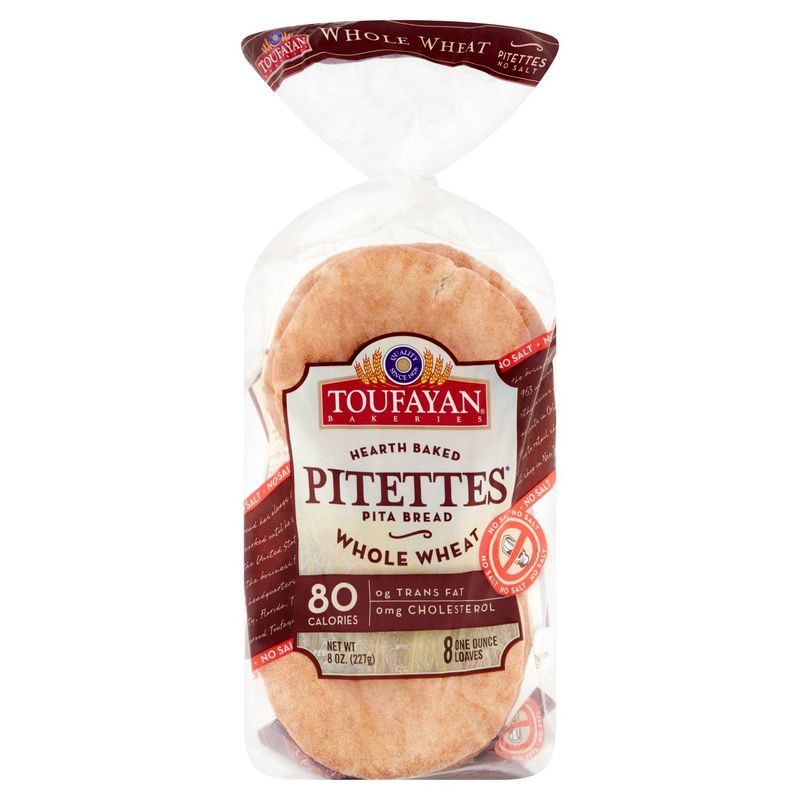 Toufayan Bakeries Pitettes Hearth Baked Whole Wheat Pita Bread, 8 count, 8 oz