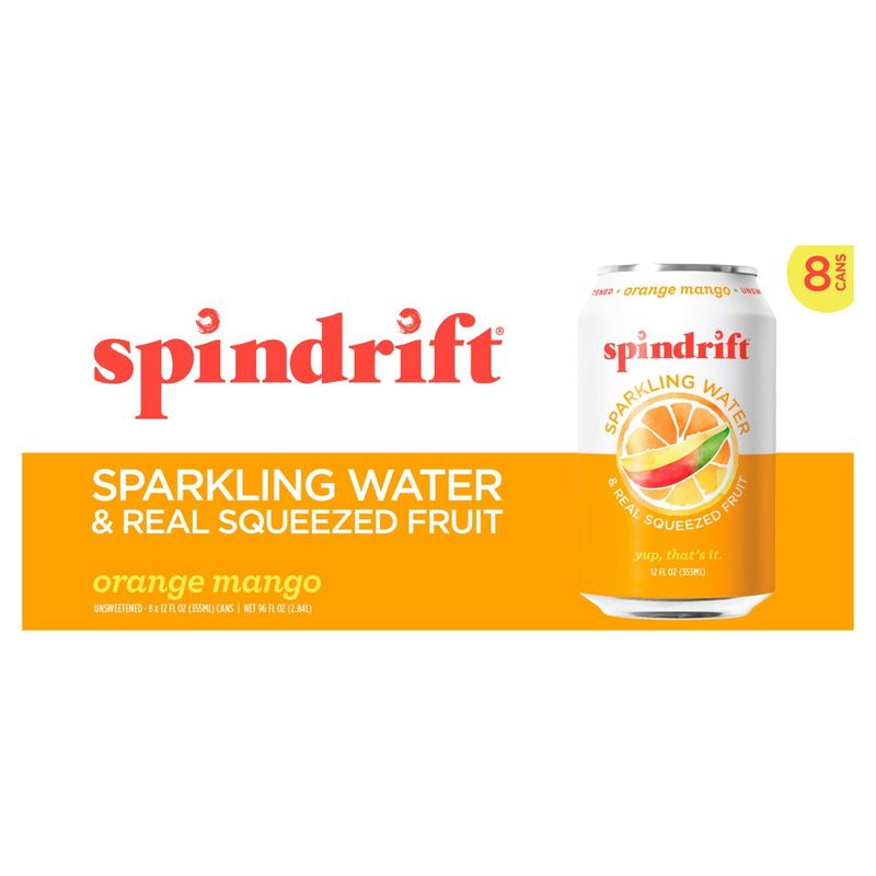 Spindrift Orange Mango Unsweetened Sparkling Water &amp; Real Squeezed Fruit, 12 fl oz, 8 count