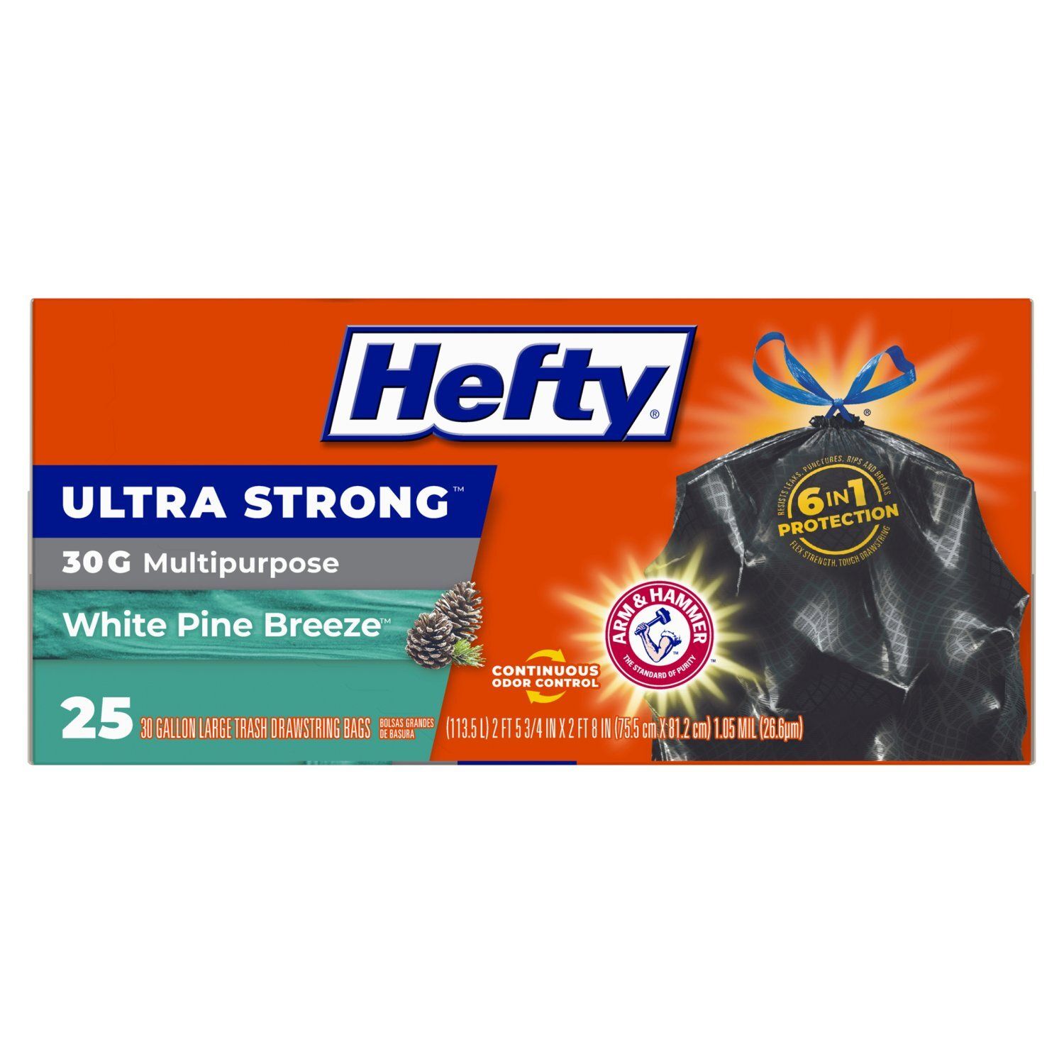 Hefty Ultra Strong Multipurpose White Pine Breeze Large Trash Drawstring Bags, 30 gallon, 25 count