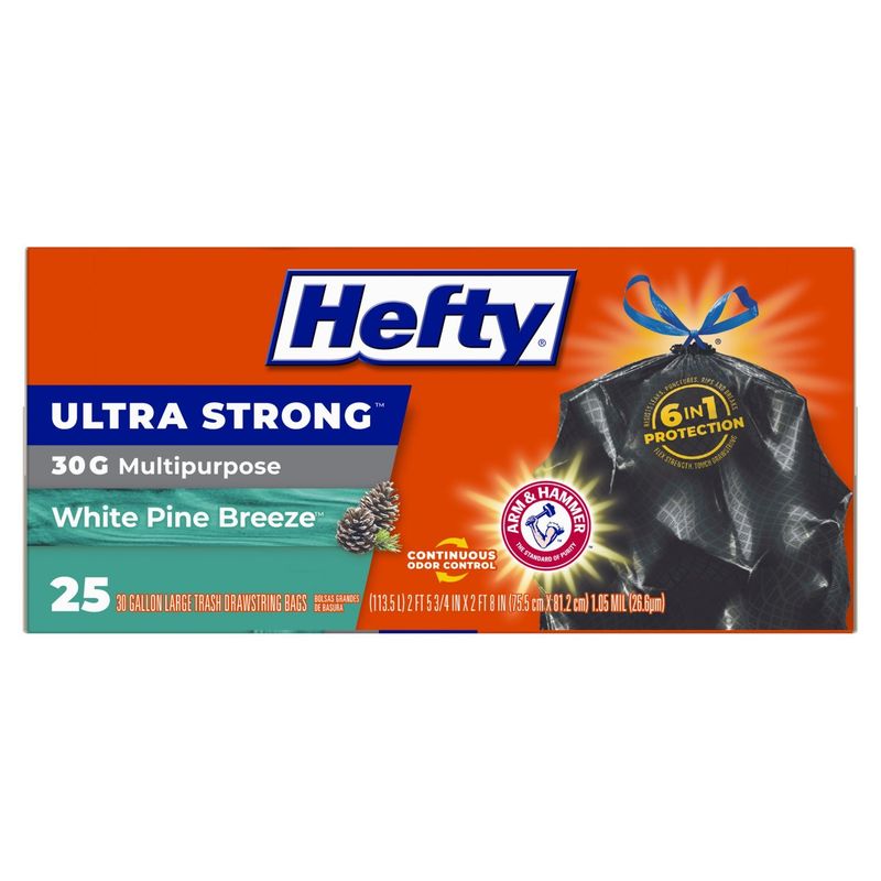 Hefty Ultra Strong Multipurpose White Pine Breeze Large Trash Drawstring Bags, 30 gallon, 25 count