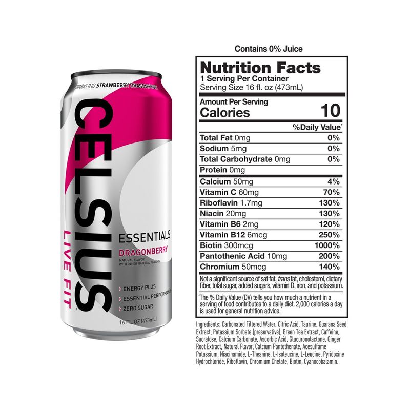 Celsius Live Fit Essentials Energy Drink Sparkling Strawberry Dragonfruit 16 Fl Oz