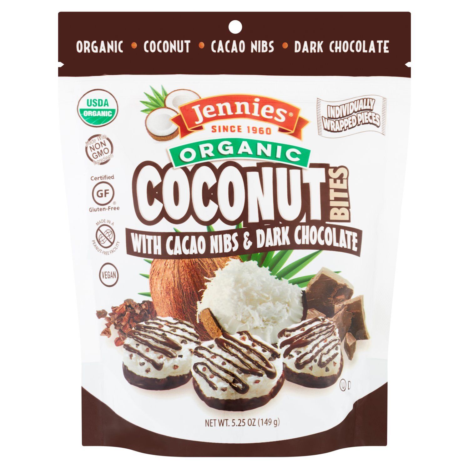 Jennies Organic Coconut Bites with Cacao Nibs &amp; Dark Chocolate, 5.25 oz
