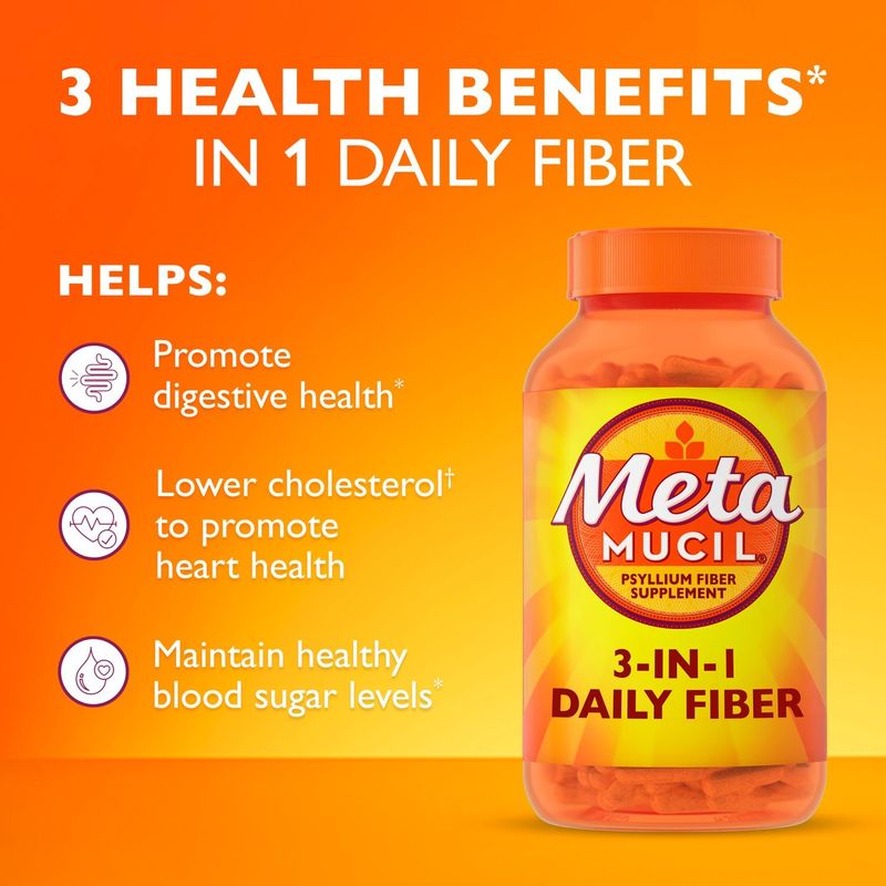 Metamucil, Psyllium Husk Capsules, 160 Capsules, 3-in-1 Fiber Supplement, Daily Psyllium Husk Fiber