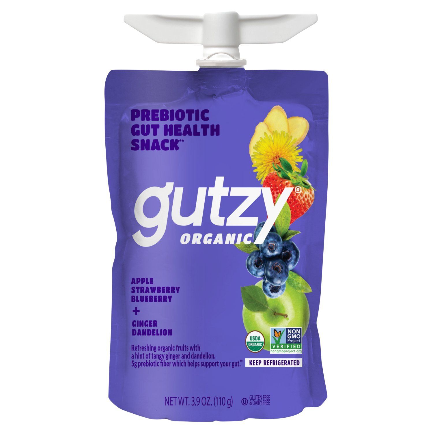 Gutzy Organic Apple, Strawberry, Blueberry + Ginger Dandelion Prebiotic Gut Health Snack, 3.9 oz