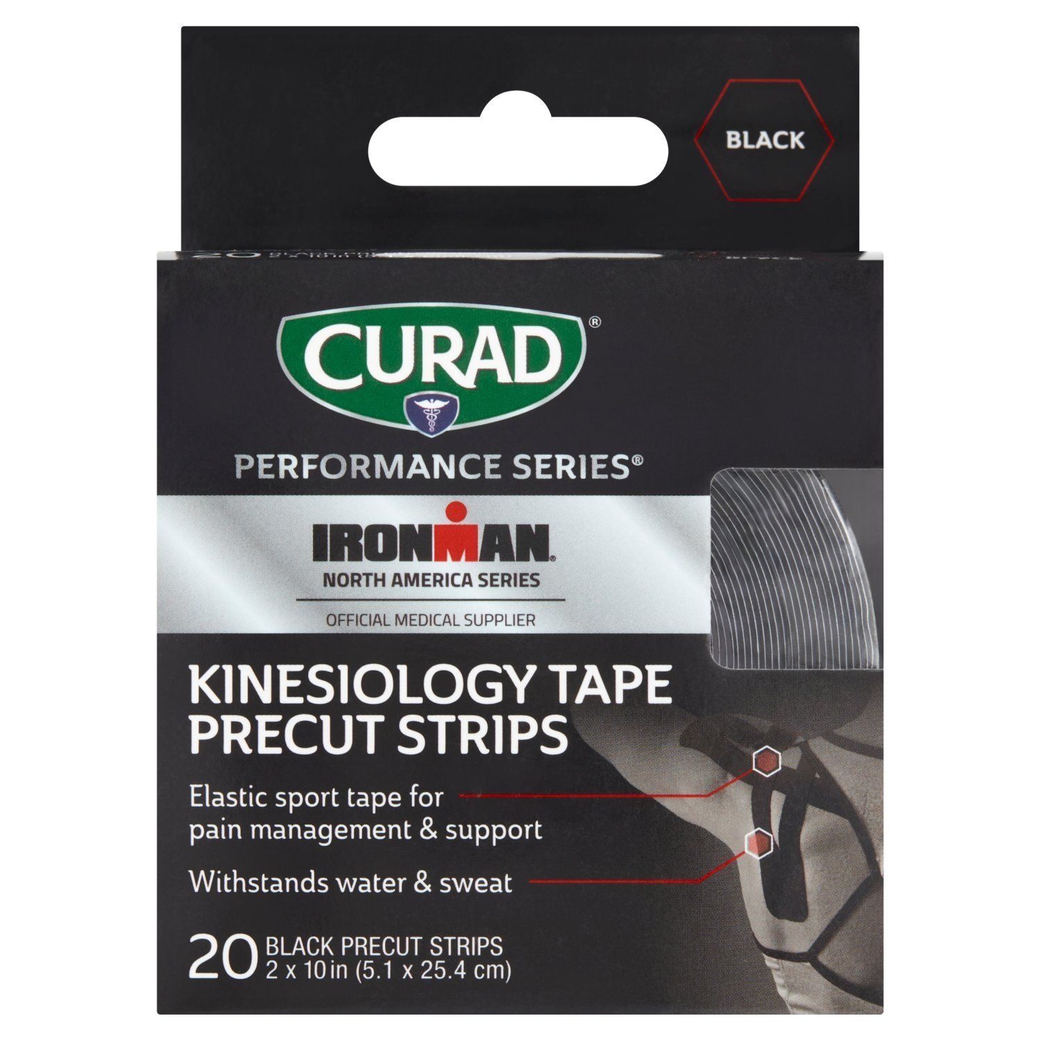 Curad Performance Series Iron Kinesiology Tape Black Precut Strips, 20 count