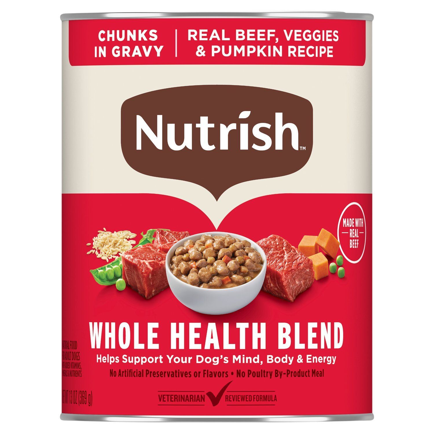 Nutrish Chunks in Gravy Real Beef, Veggies &amp; Pumpkin Recipe Natural Food for Adult Dogs, 13 oz