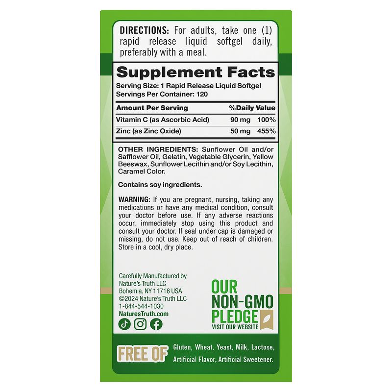 Nature's Truth Rapid Release Zinc plus Vitamin C Dietary Supplement, 50 mg, 120 count