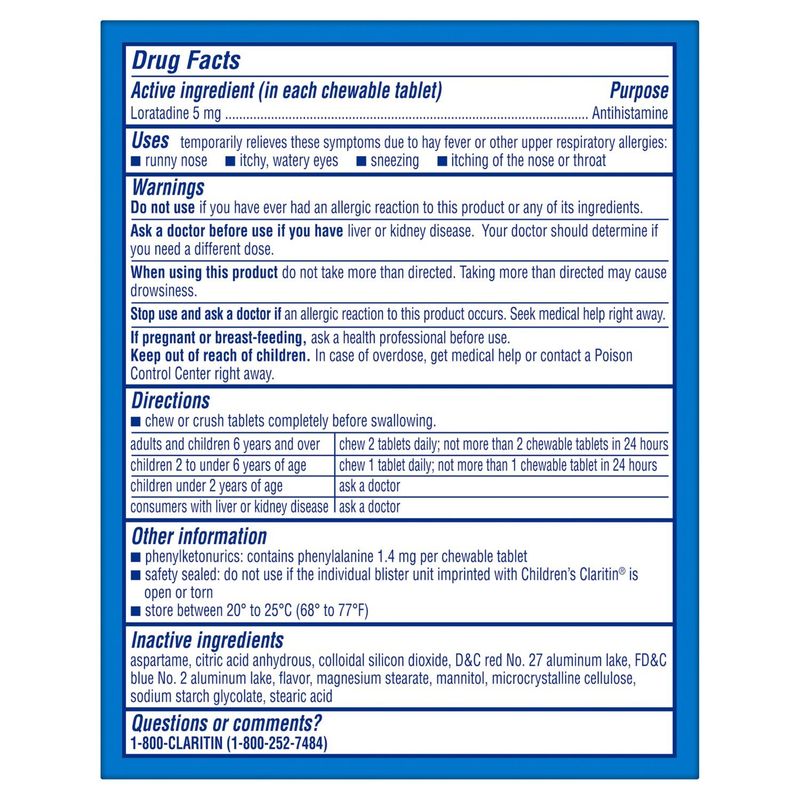 Claritin Children's Grape Flavored Chewable Tablets, 5 mg, Ages 2+ Years, 30 count