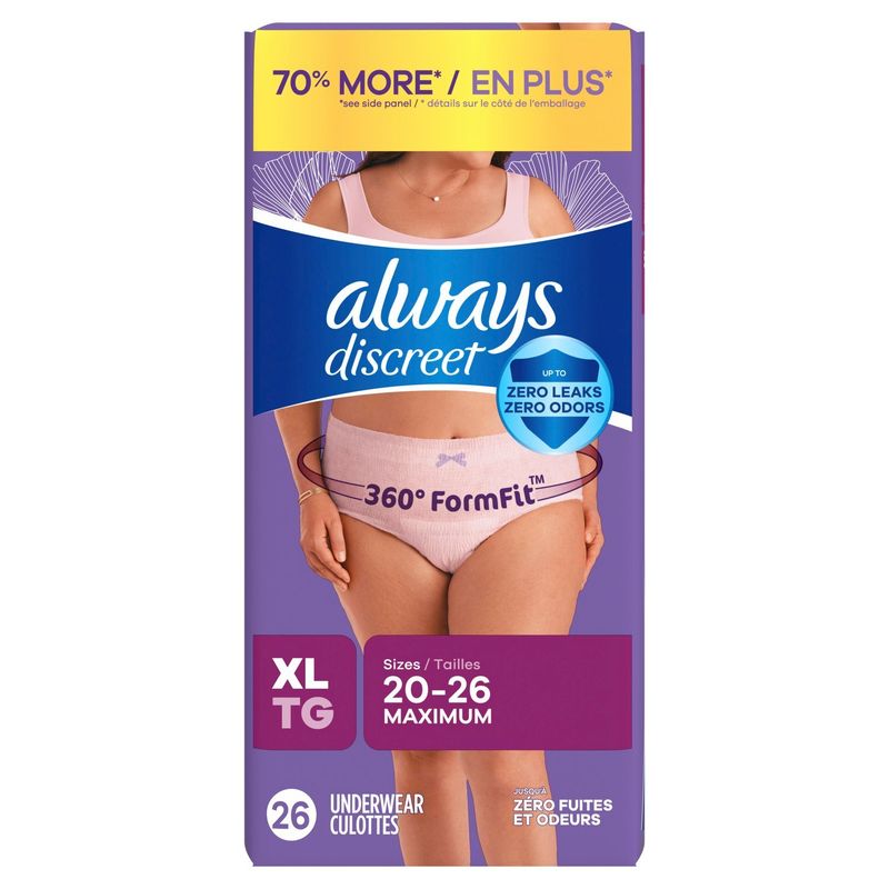 Always Discreet Maximum Underwear, XL, Sizes 20-26, 26 count