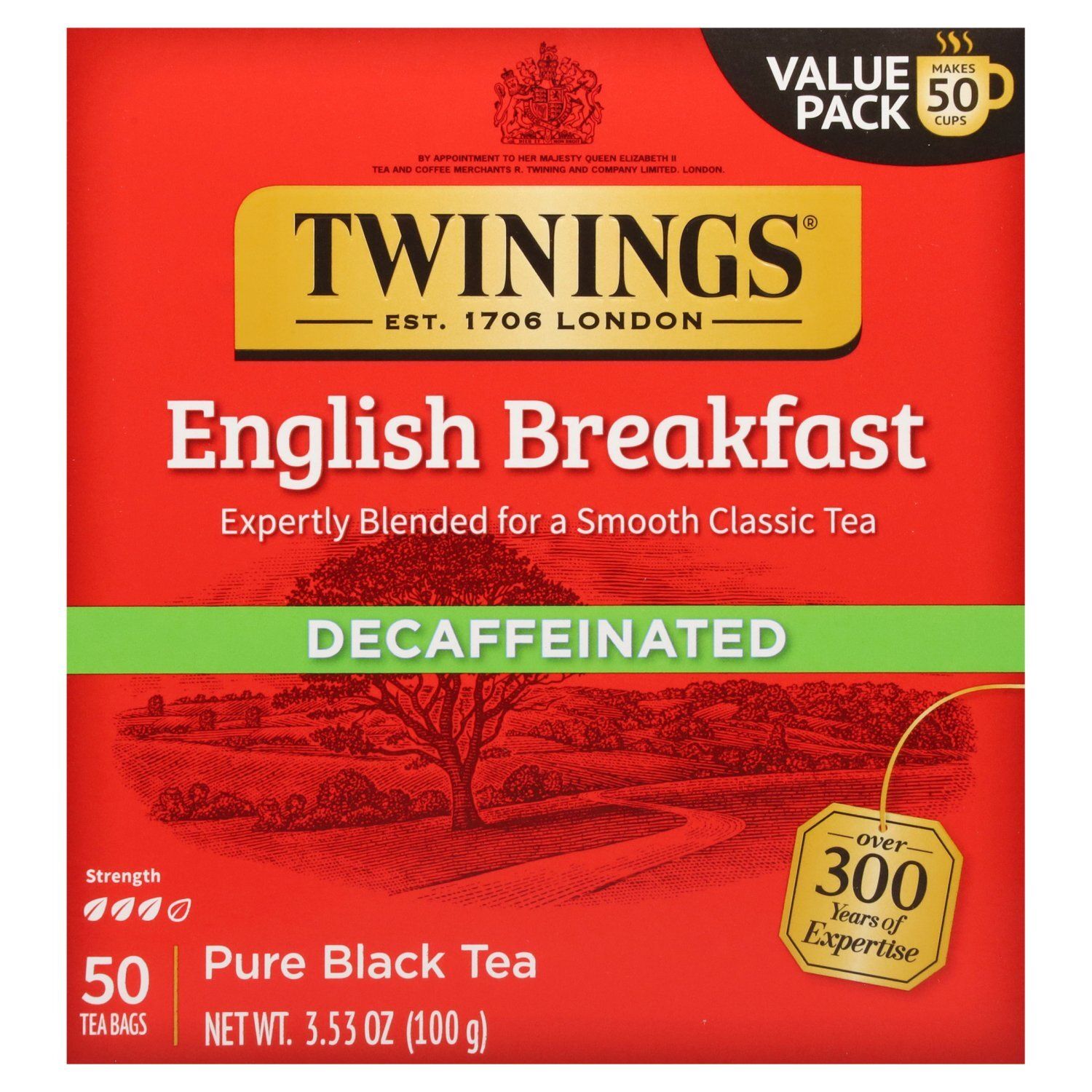 Twinings English Breakfast Decaffeinated Pure Black Tea Bags Value Pack, 50 count, 3.53 oz