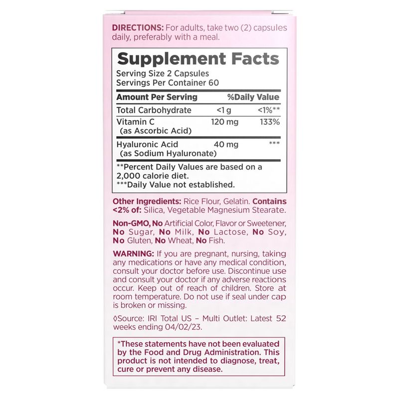 Nature's Bounty Optimal Solutions Hyaluronic Acid Plus Vitamin C Dietary Supplement, 120 count