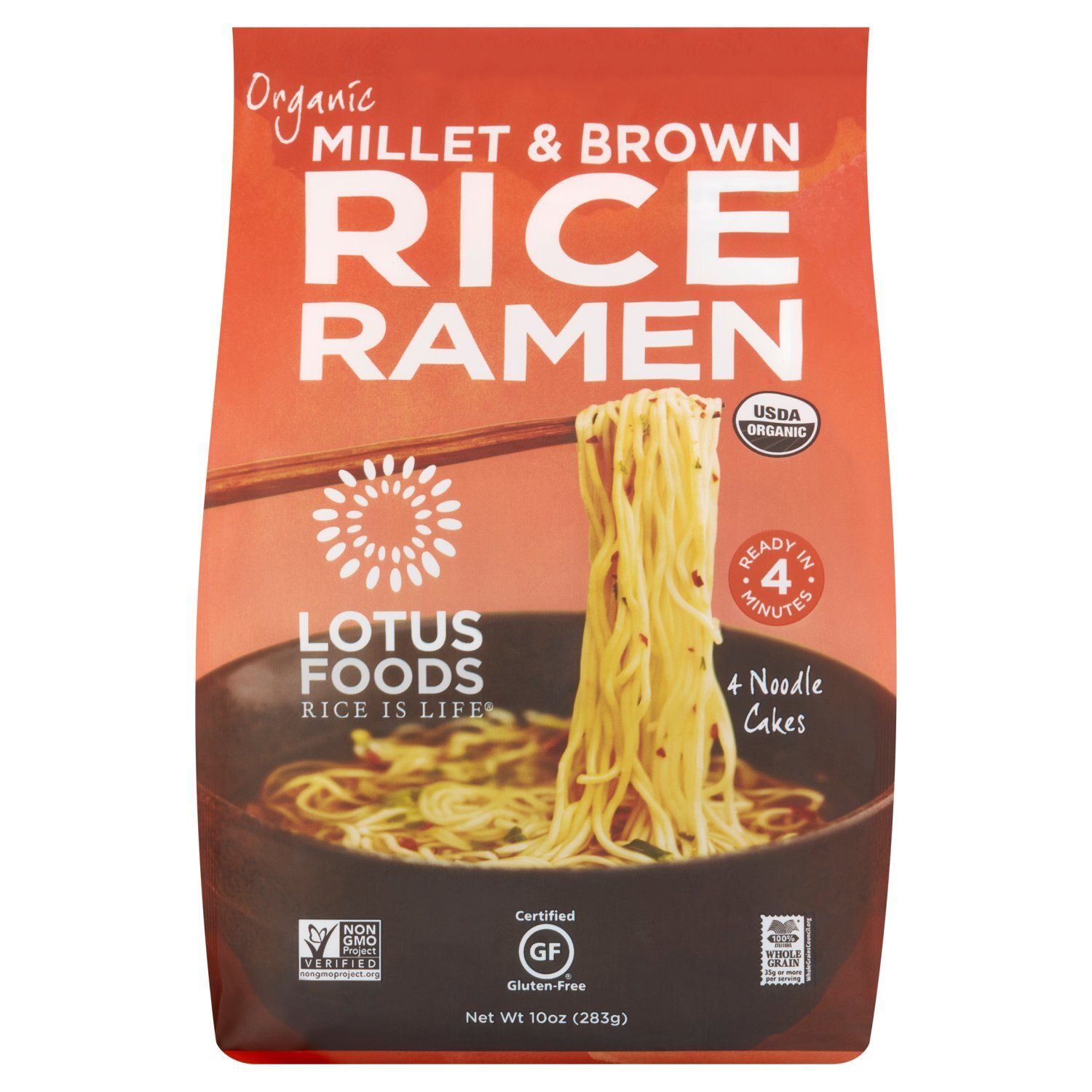 Lotus Foods Organic Millet &amp; Brown Rice Ramen, 4 count, 10 oz